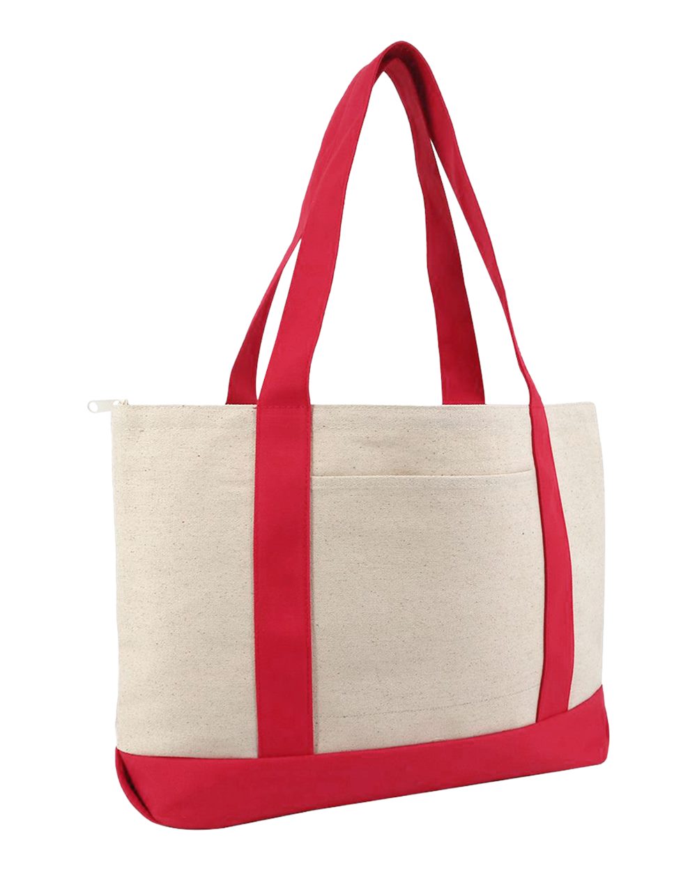 Front View of Natural/ Red Large Zippered Cotton Canvas Tote - 8862