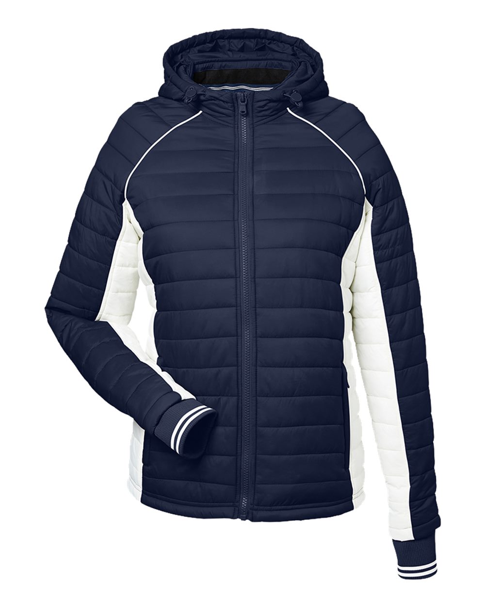Front View of Navy/ Antique White Women's Nautical Mile Hooded Puffer Jacket - N17187