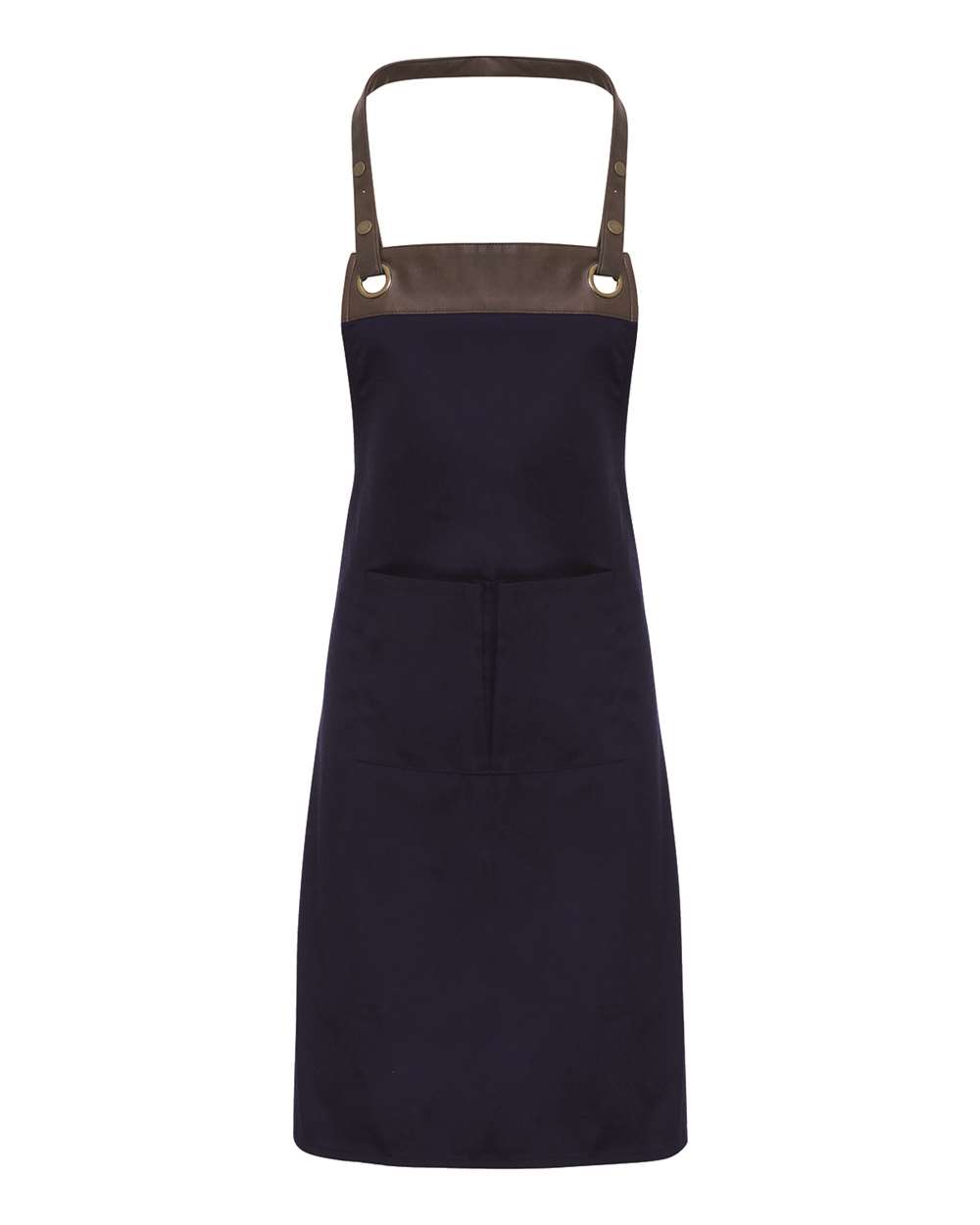 Front View of Navy/ Brown Espresso Bib Apron with Pocket - RP123