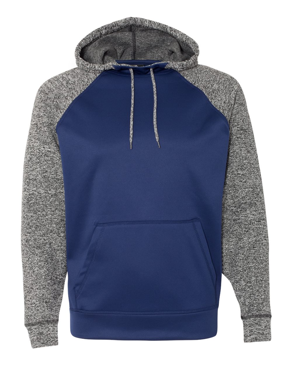 Front View of Navy/ Charcoal Fleck Colorblocked Cosmic Fleece Hooded Sweatshirt - 8612