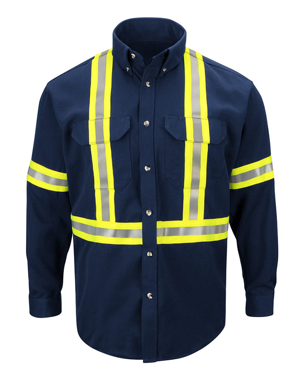 Front View of Navy Dress Uniform Shirt with CSA reflective trim - EXCEL FR® ComforTouch - SLUC