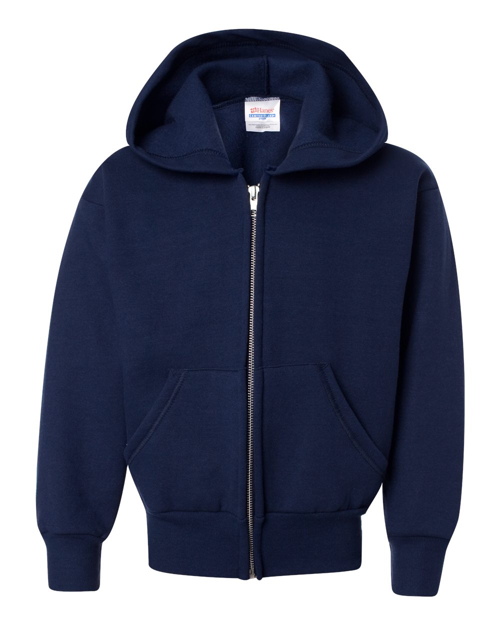 Front View of Navy EcoSmart® Youth Full-Zip Hooded Sweatshirt - P480