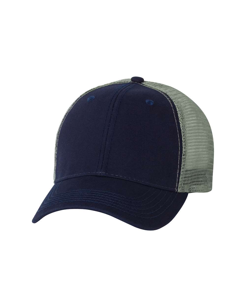 Front View of Navy/ Grey Bio-Washed Trucker Cap - AH80