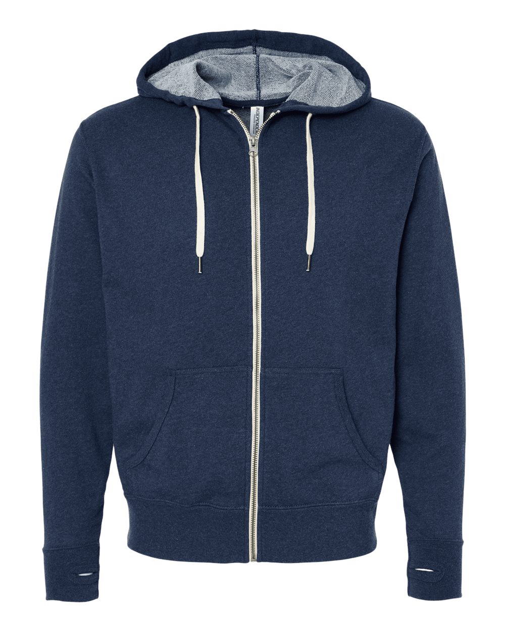 Front View of Navy Heather Heathered French Terry Full-Zip Hooded Sweatshirt - PRM90HTZ