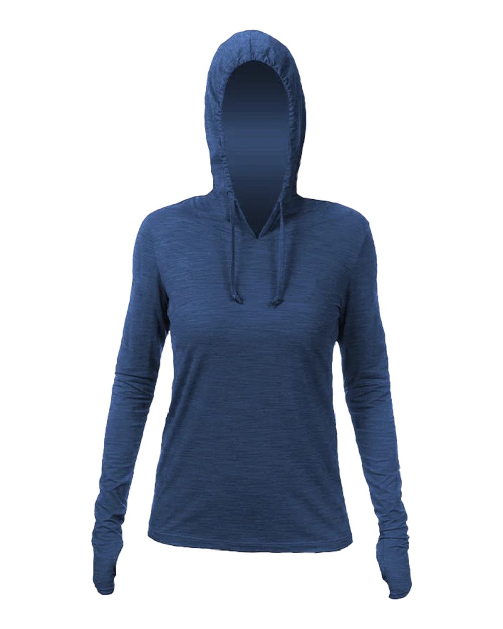 Front View of Navy Heathered Women's Breeze Tech Hooded Long Sleeve T-Shirt - WSBRZH0