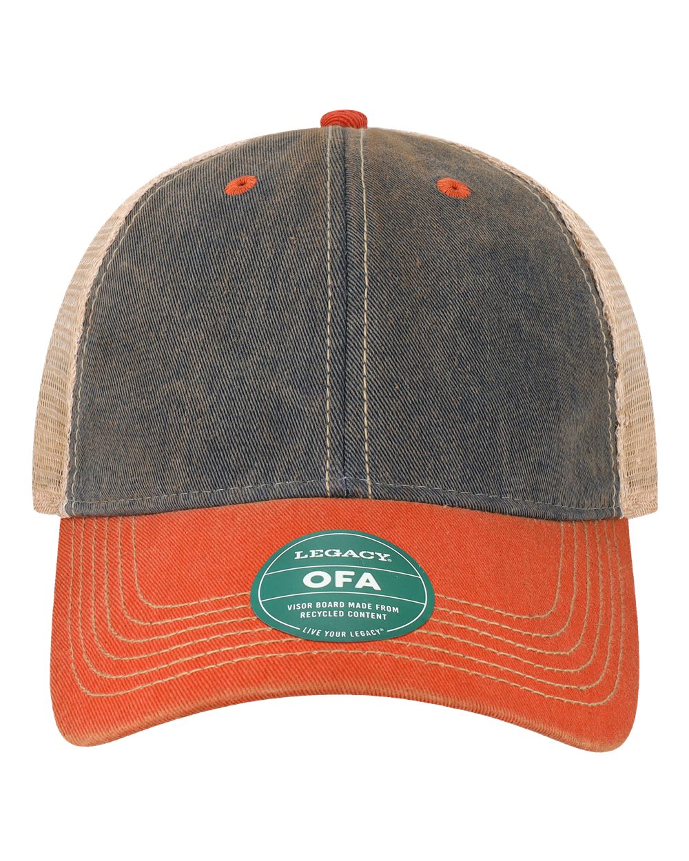 Front View of Navy/ Orange/ Khaki Old Favorite Trucker Cap - OFA