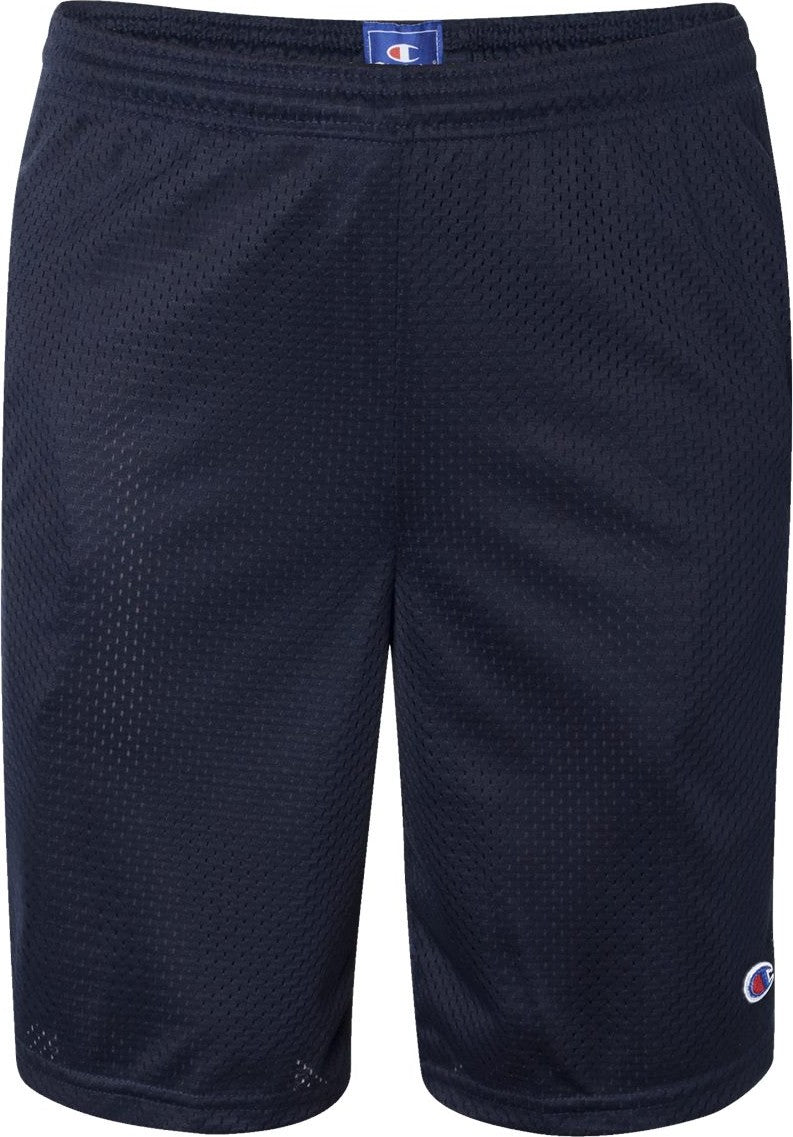 Front View of Navy Polyester Mesh 9" Shorts with Pockets - S162