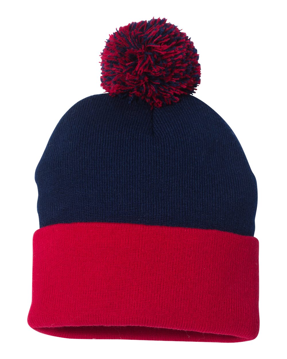 Front View of Navy/ Red 12" Pom-Pom Cuffed Beanie - SP15