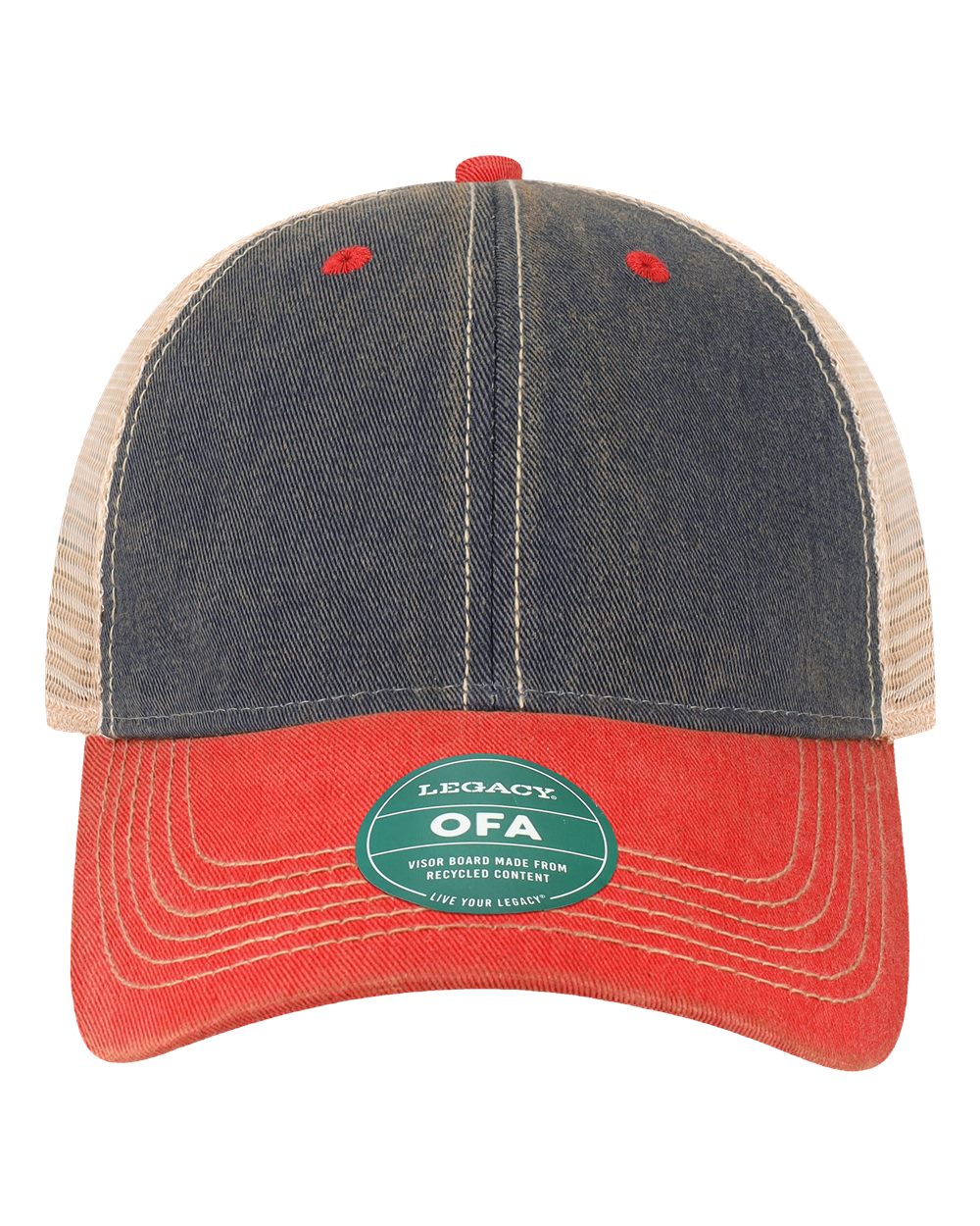 Front View of Navy/ Scarlet Red/ Khaki Old Favorite Trucker Cap - OFA