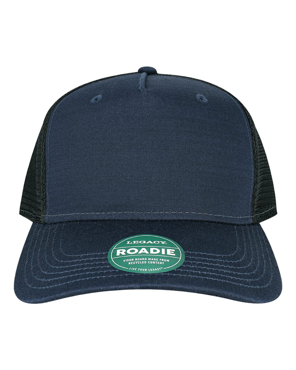Front View of Navy Slub/ Black Five-Panel Trucker Cap - ROADIE