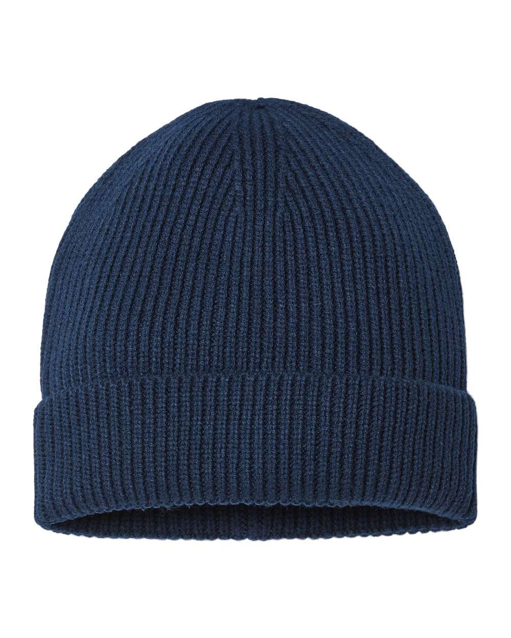 Front View of Navy Sustainable Fine Rib Cuffed Beanie - ANDY