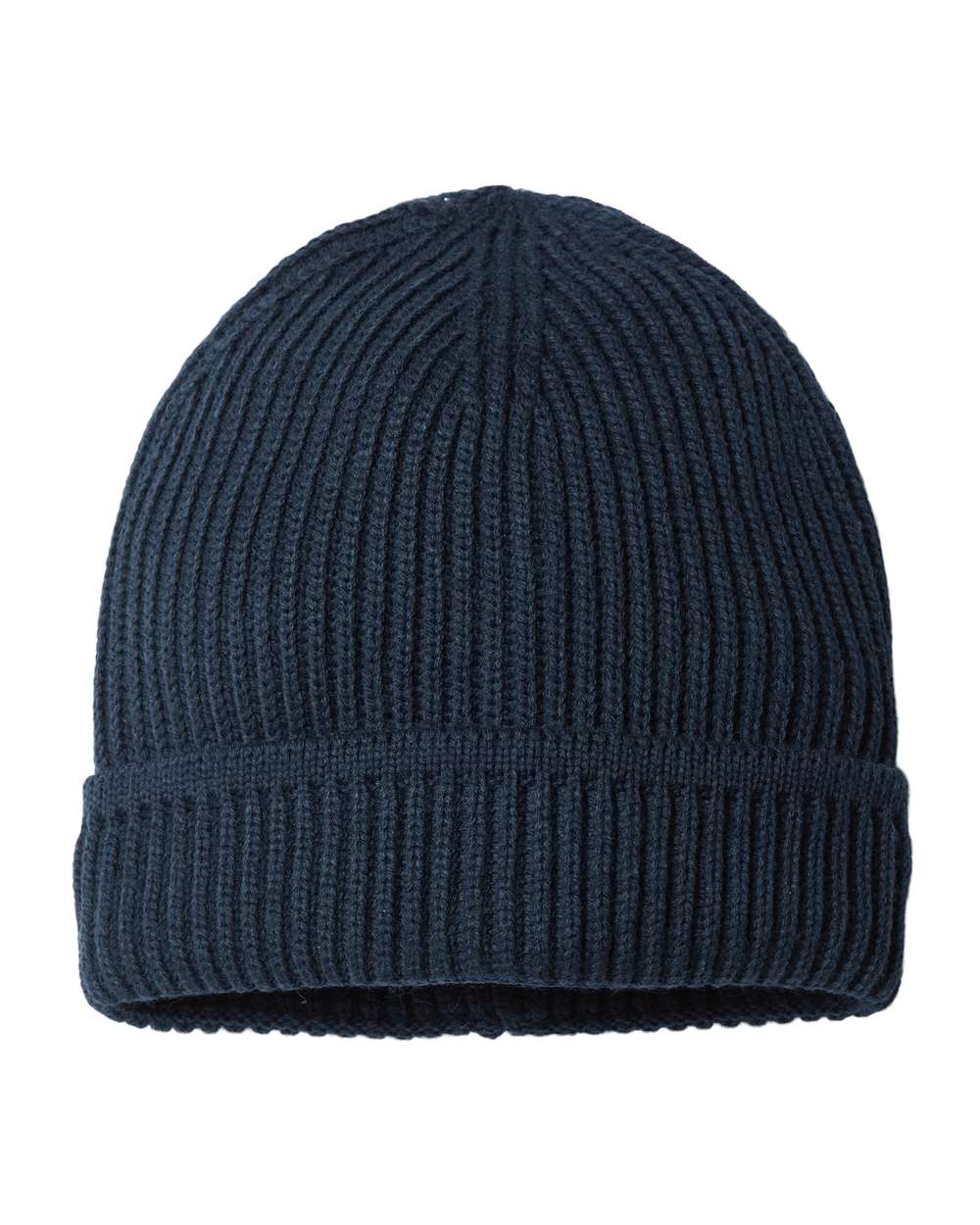 Front View of Navy Sustainable Finish Edge Cuffed Beanie - MAPLE
