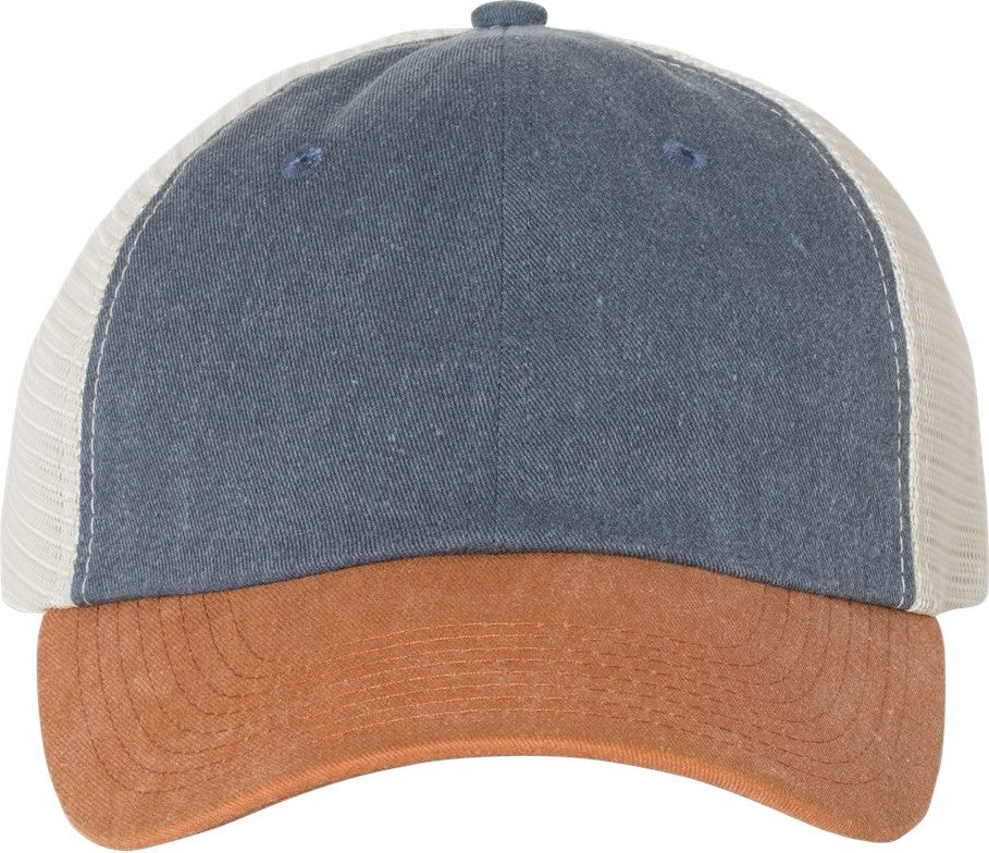 Front View of Navy/ Texas/ Stone Pigment-Dyed Trucker Cap - SP510