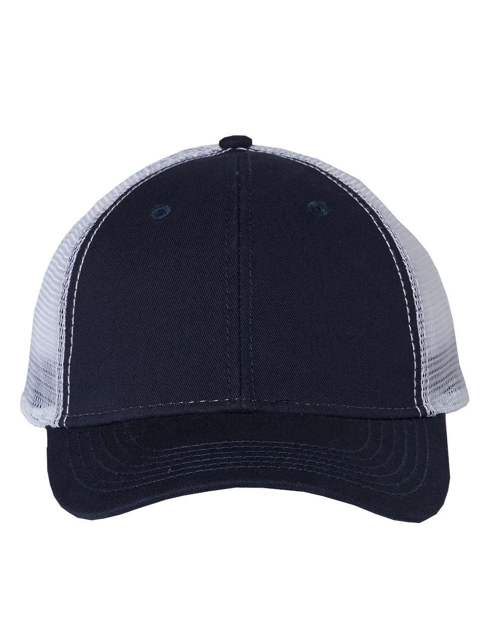 Front View of Navy/ White Bio-Washed Trucker Cap - AH80