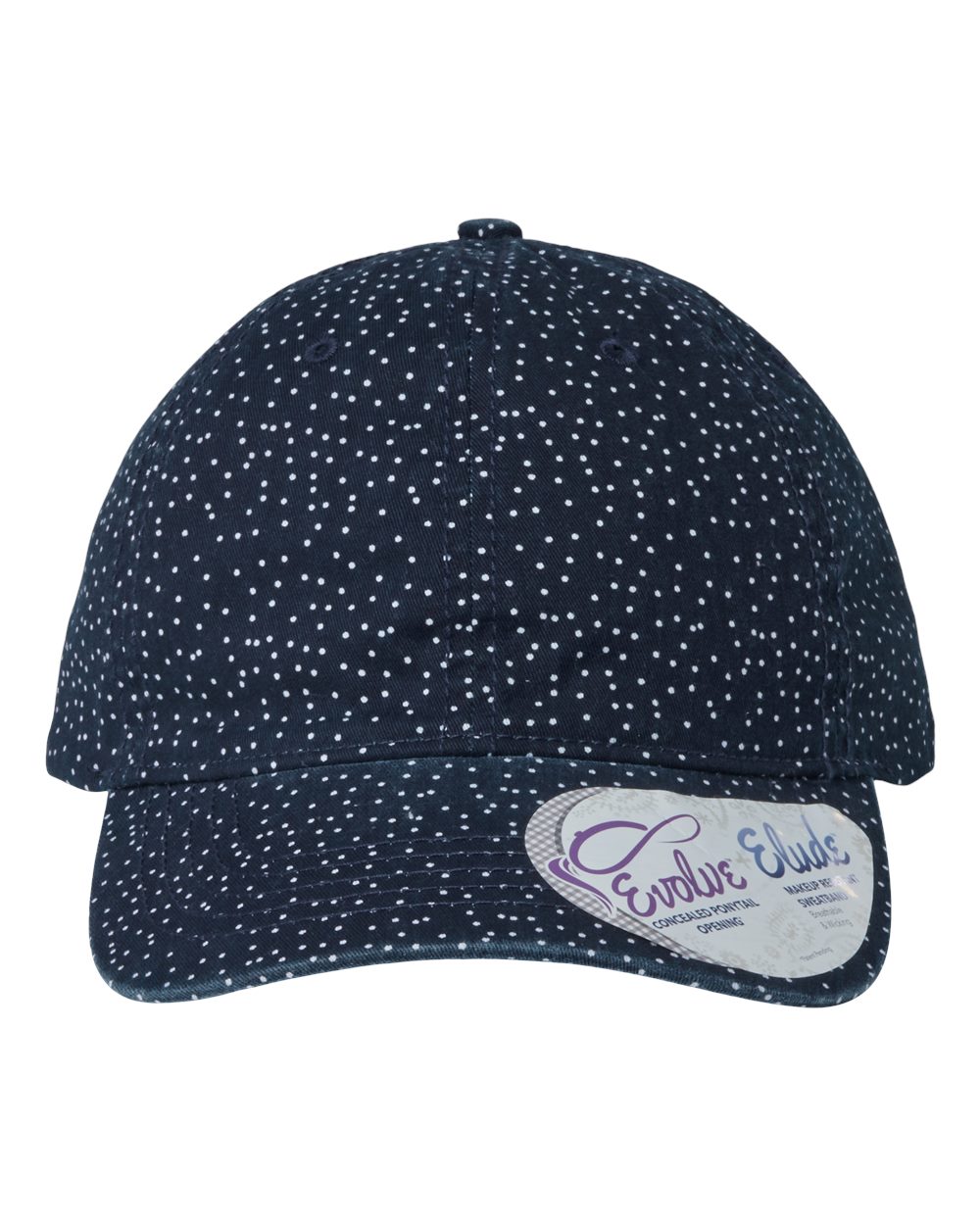 Front View of Navy/ White Polka Dots Women's Garment-Washed Fashion Print Cap - HATTIE