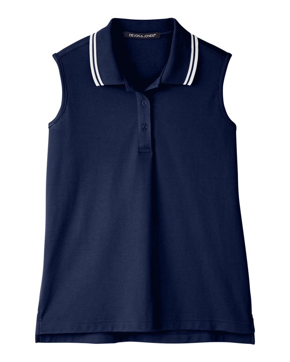 Front View of Navy/ White Women's CrownLux Performance® Plaited Tipped Sleeveless Polo - DG20SW