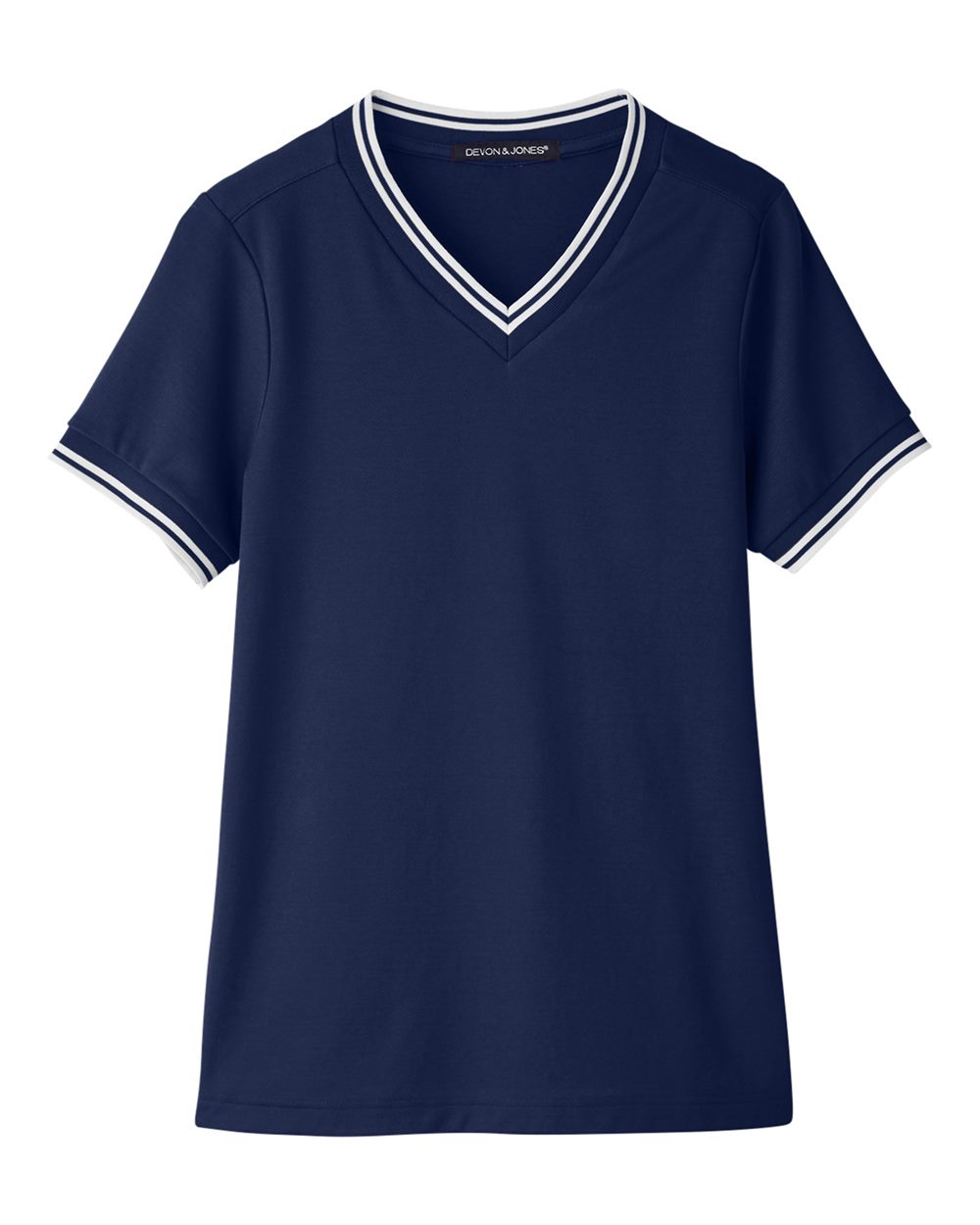 Front View of Navy/ White Women's CrownLux Performance® Plaited Tipped V-Neck Shirt - DG20CW