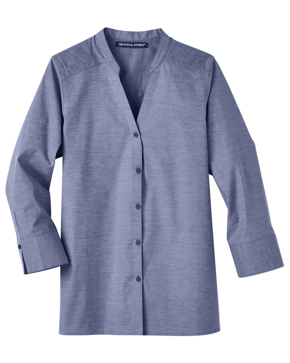 Front View of Navy Women's Crown Collection® Stretch Pinpoint Chambra Three-Quarter Sleeve Shirt - DG562W
