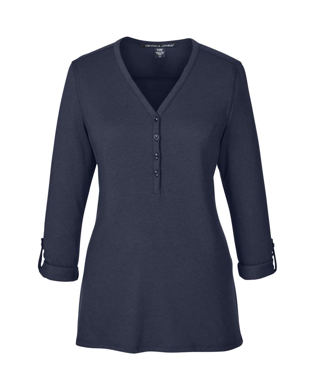 Front View of Navy Women's Perfect Fit™ Y-Placket Convertible Sleeve Knit Top - DP186W