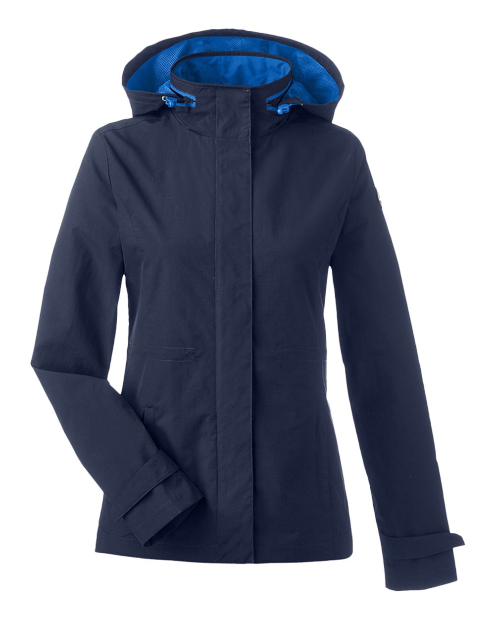 Front View of Navy Women's Voyage Hooded Rain Jacket - N17183
