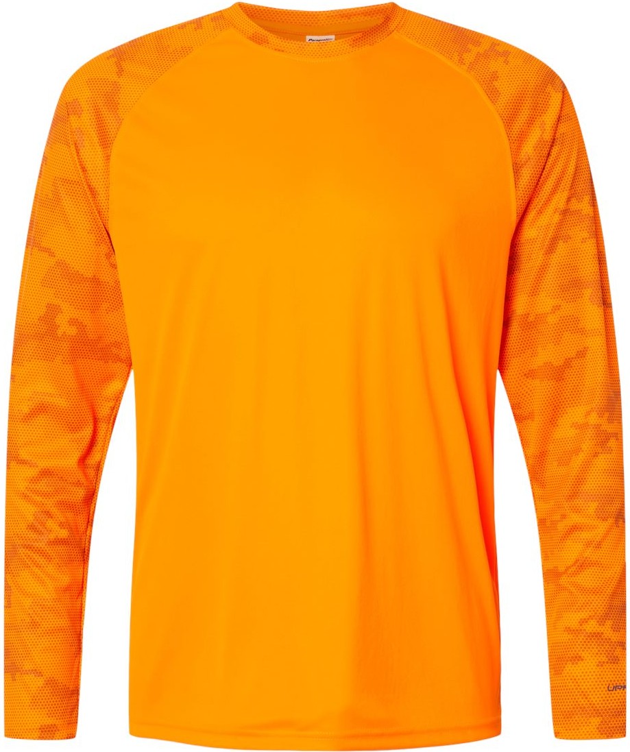 Front View of Neon Orange Cayman Performance Camo Colorblocked Long Sleeve T-Shirt - 216