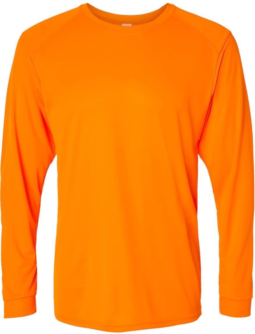 Front View of Neon Orange Long Islander Performance Long Sleeve T-Shirt - 210