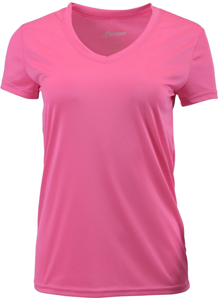 Front View of Neon Pink Women's Vera V-Neck T-Shirt - 203