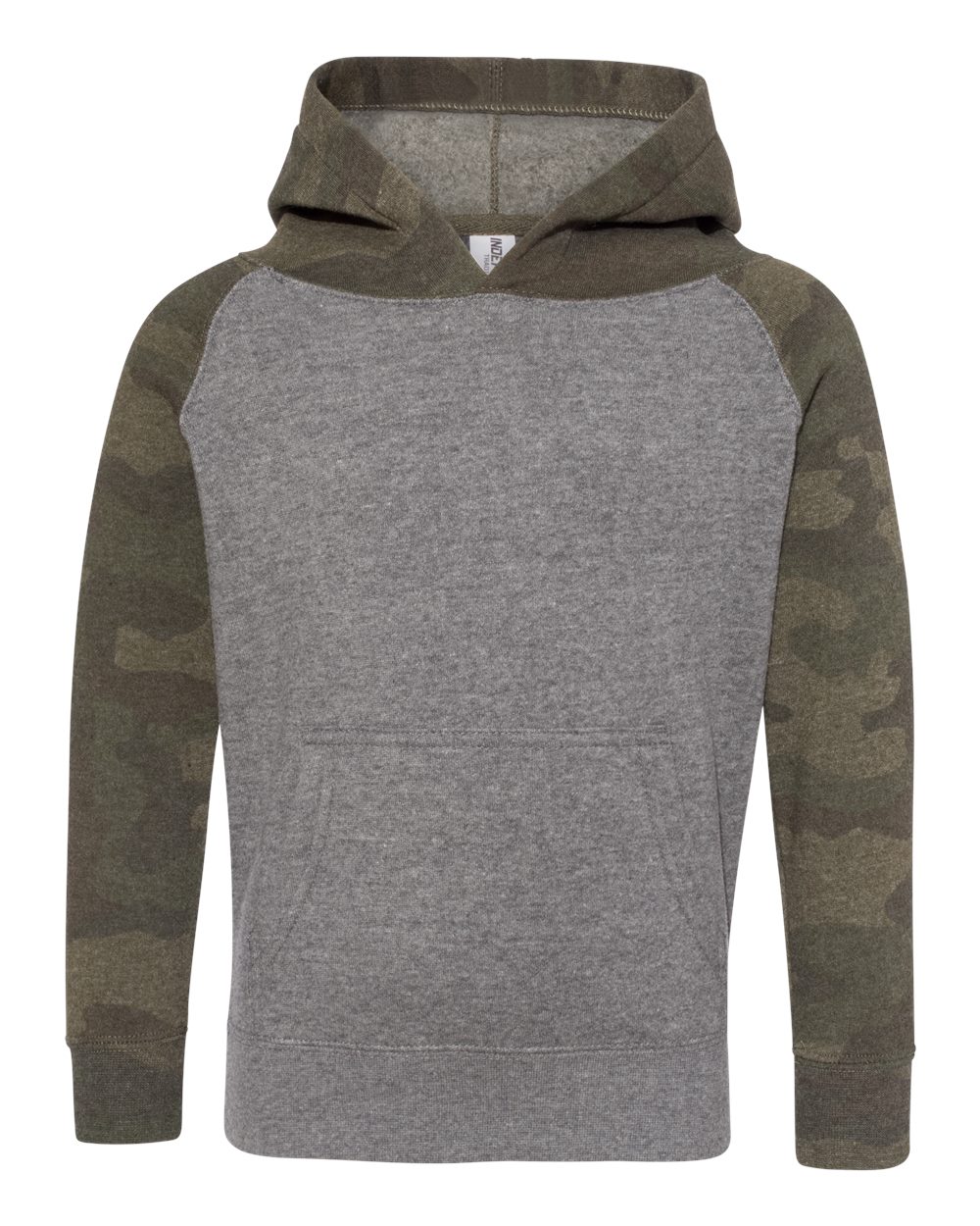 Front View of Nickel Heather/ Forest Camo Toddler Special Blend Hooded Raglan Sweatshirt - PRM10TSB