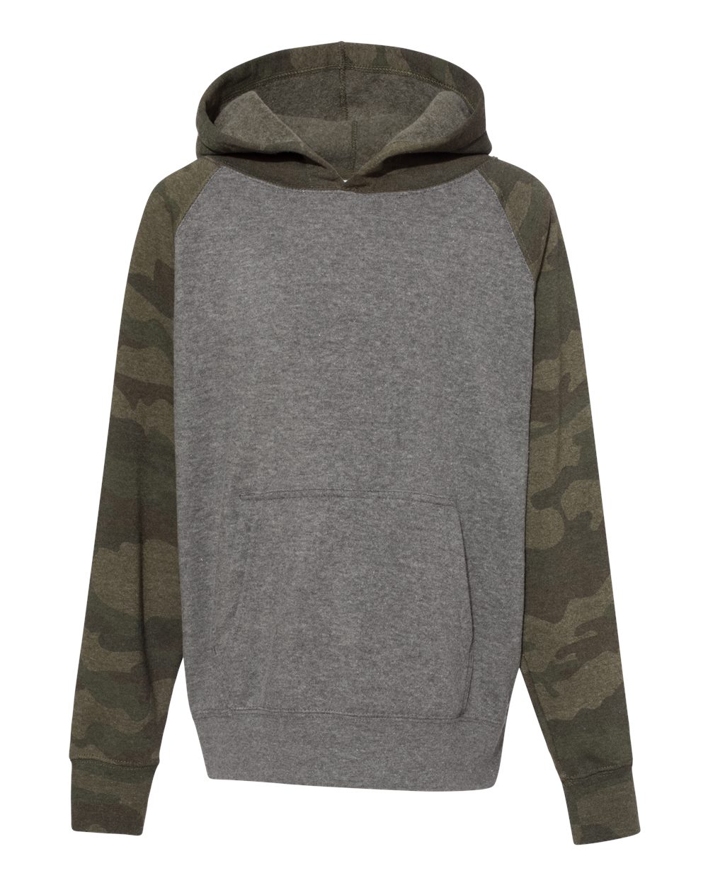 Front View of Nickel Heather/ Forest Camo Youth Lightweight Special Blend Raglan Hooded Sweatshirt - PRM15YSB