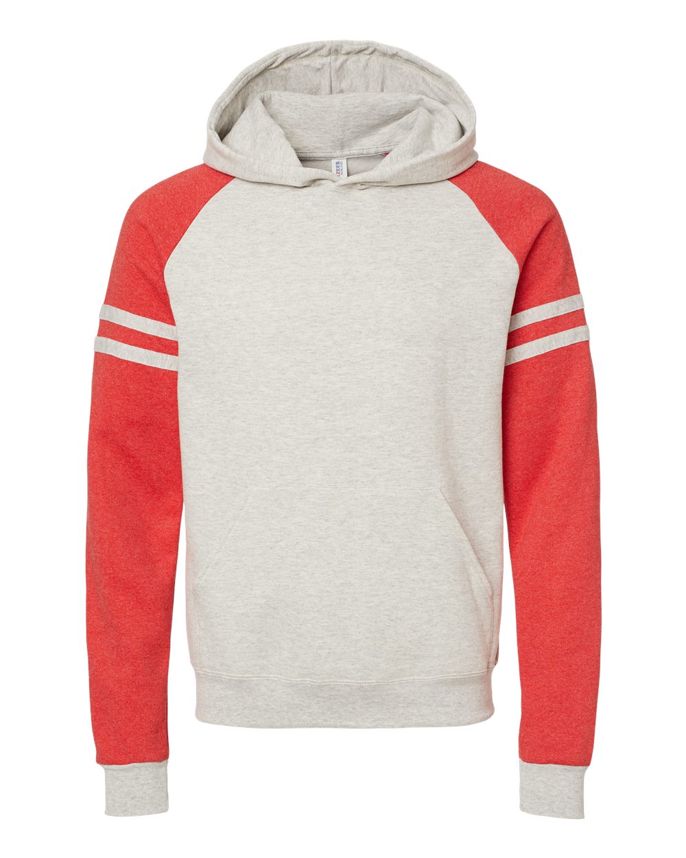 Front View of Oatmeal Heather/ Fiery Red Heather Nublend® Varsity Colorblocked Raglan Hooded Sweatshirt - 97CR