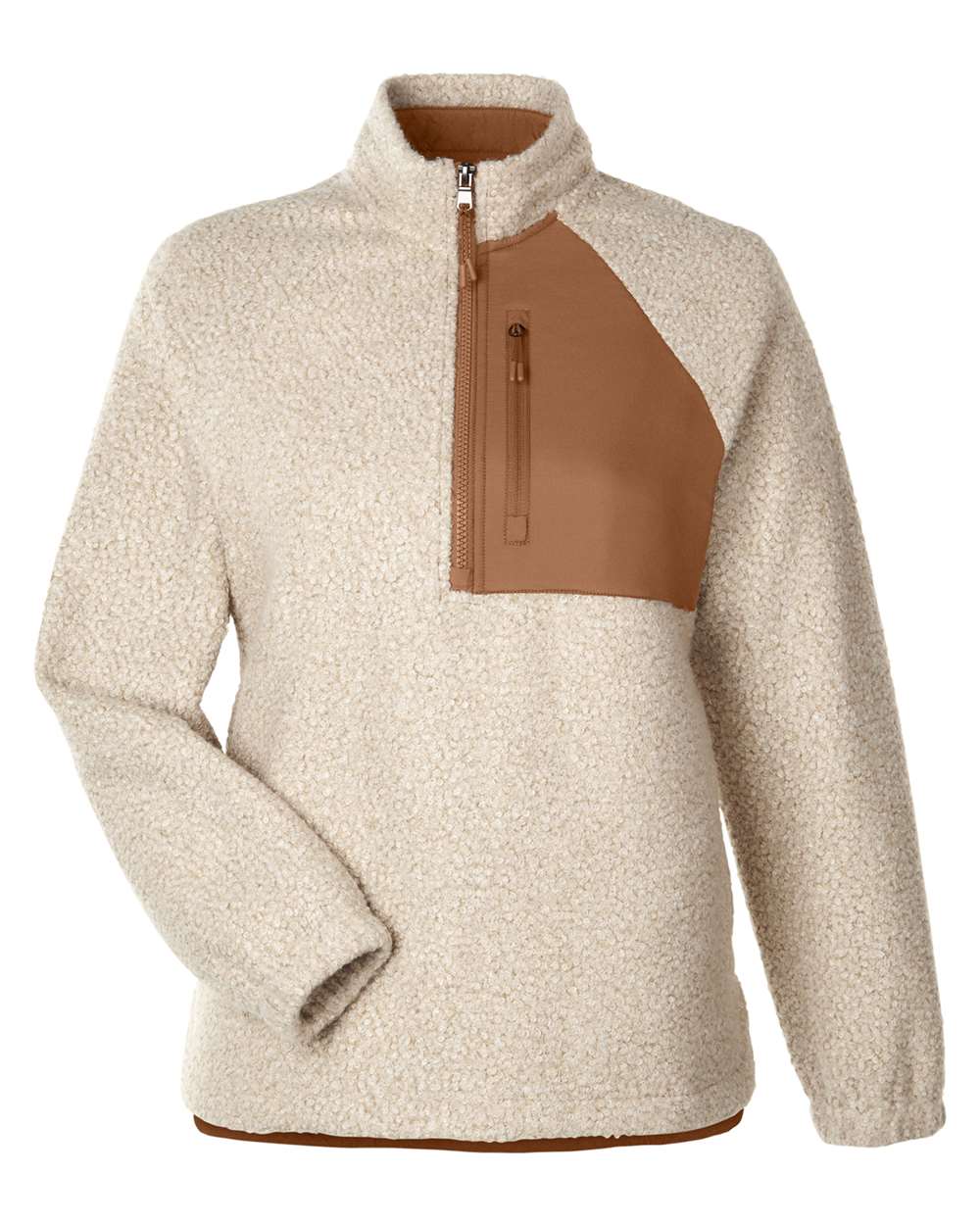 Front View of Oatmeal Heather/ Teak Women's Aura Sweater Fleece Quarter-Zip Pullover - NE713W