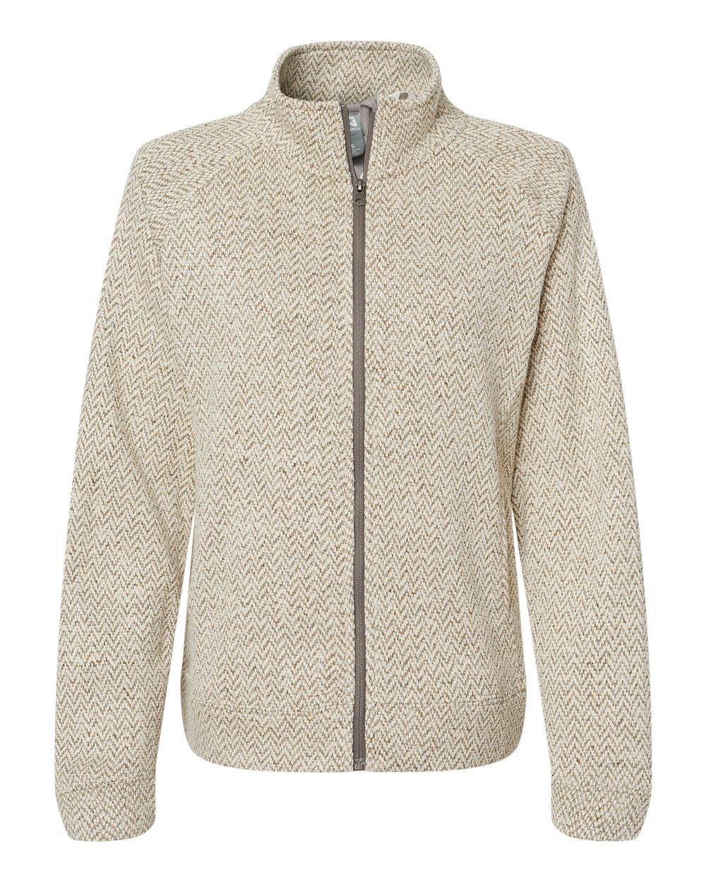 Front View of Oatmeal Herringbone Women's Traverse Full-Zip Sweater - 8716
