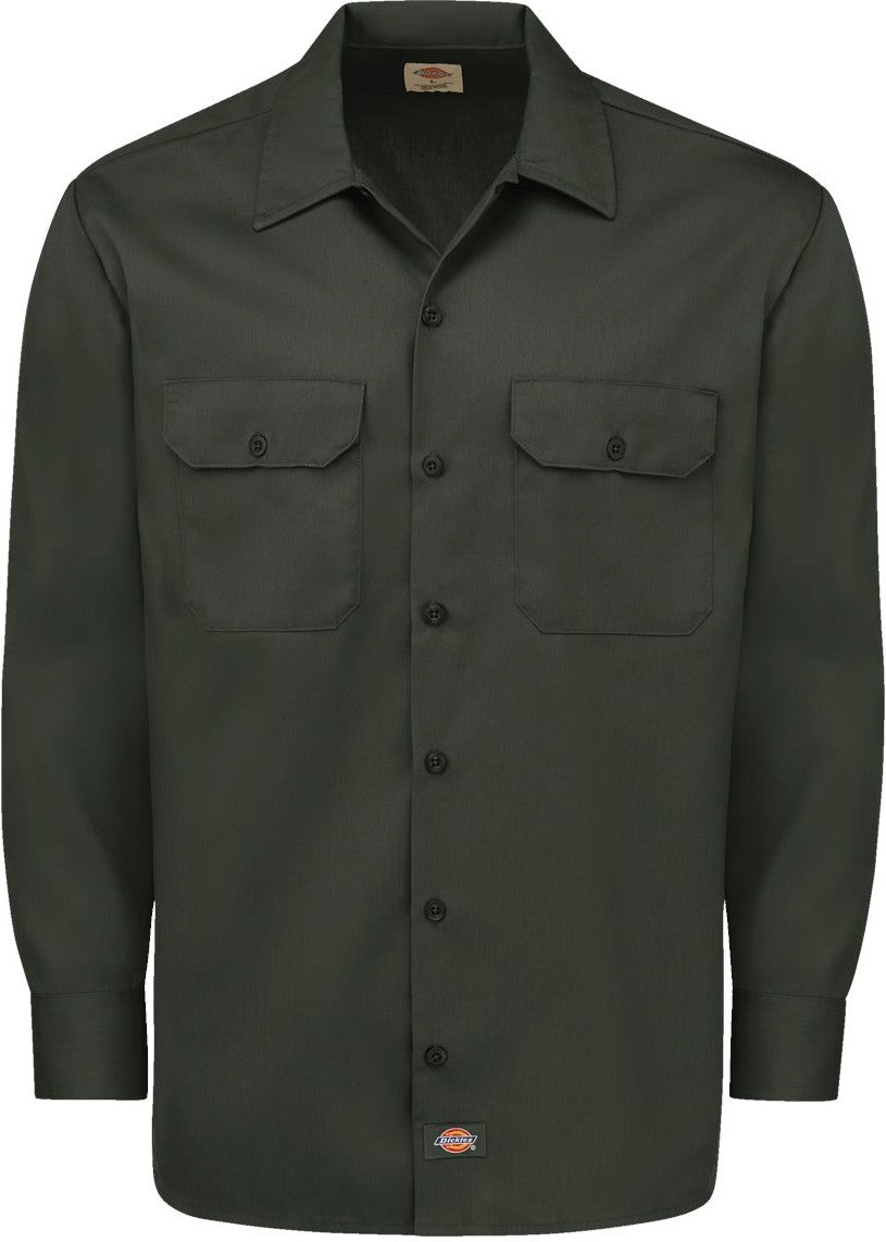 Front View of Olive Green Long Sleeve Work Shirt - 5574