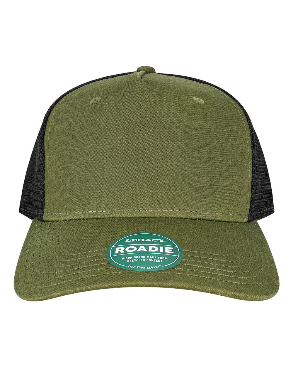 Front View of Olive Slub/ Black Five-Panel Trucker Cap - ROADIE