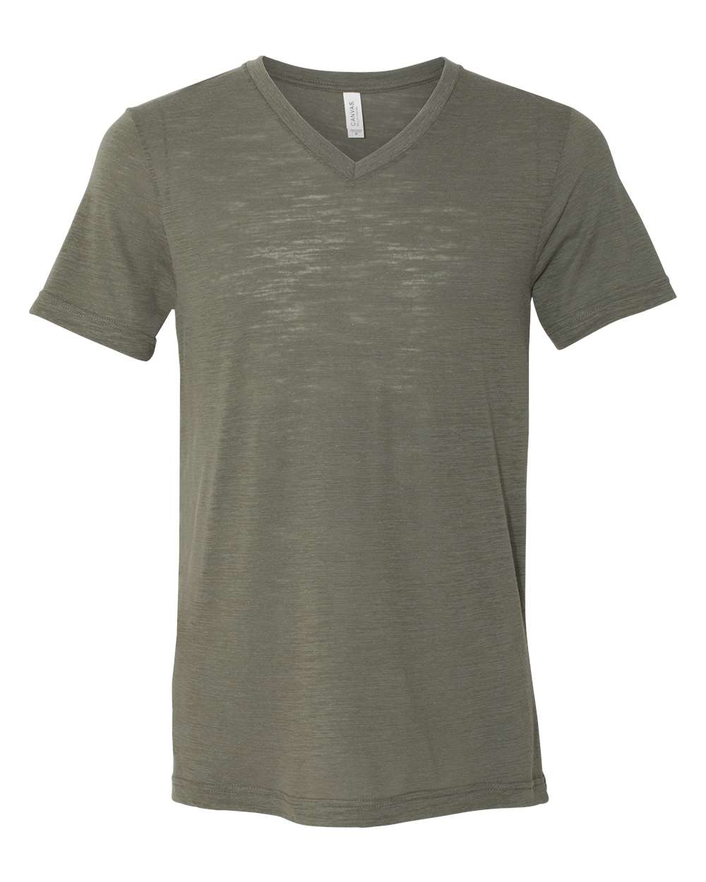 Front View of Olive Slub Textured Jersey V-Neck Tee - 3655