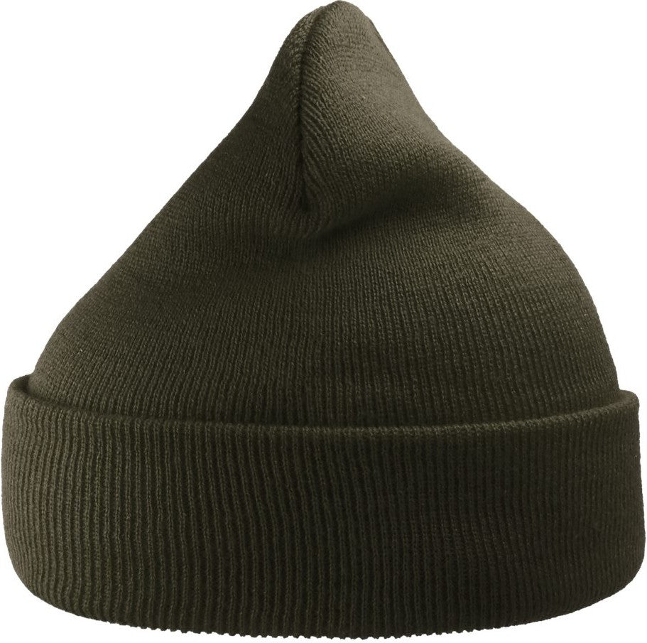Front View of Olive Sustainable 12" Knit Beanie - WIND