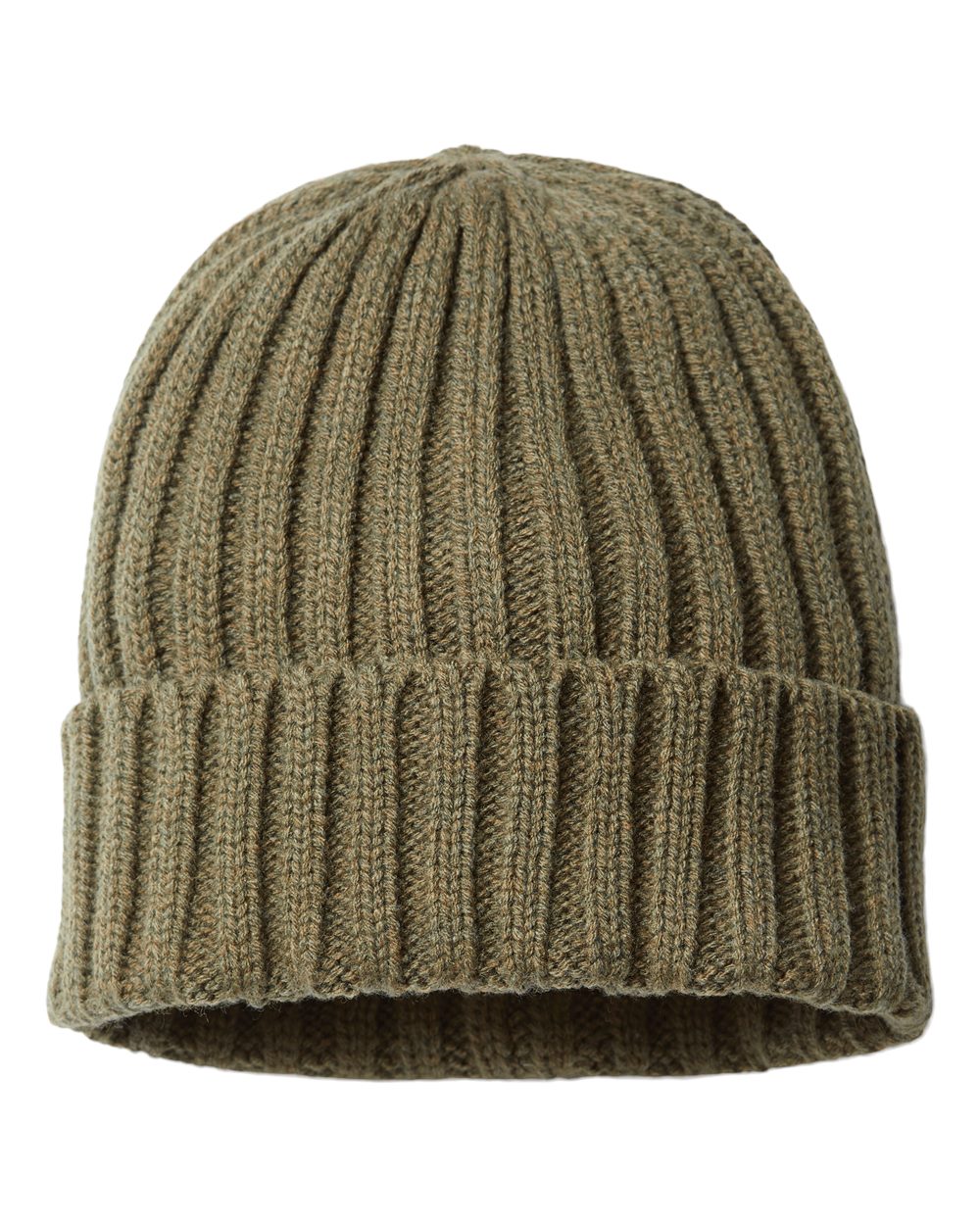 Front View of Olive Sustainable Cable Knit Cuffed Beanie - SHORE