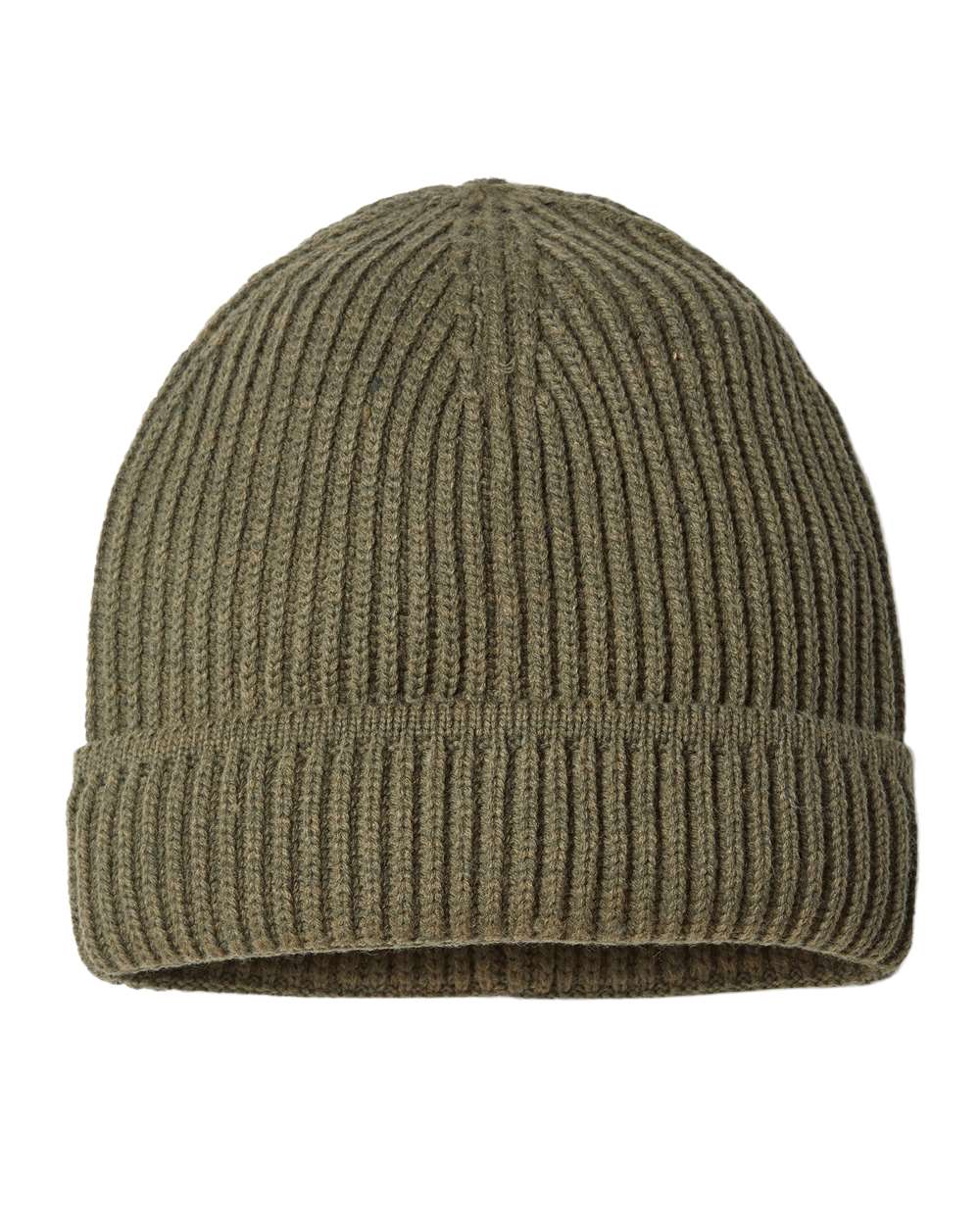 Front View of Olive Sustainable Finish Edge Cuffed Beanie - MAPLE