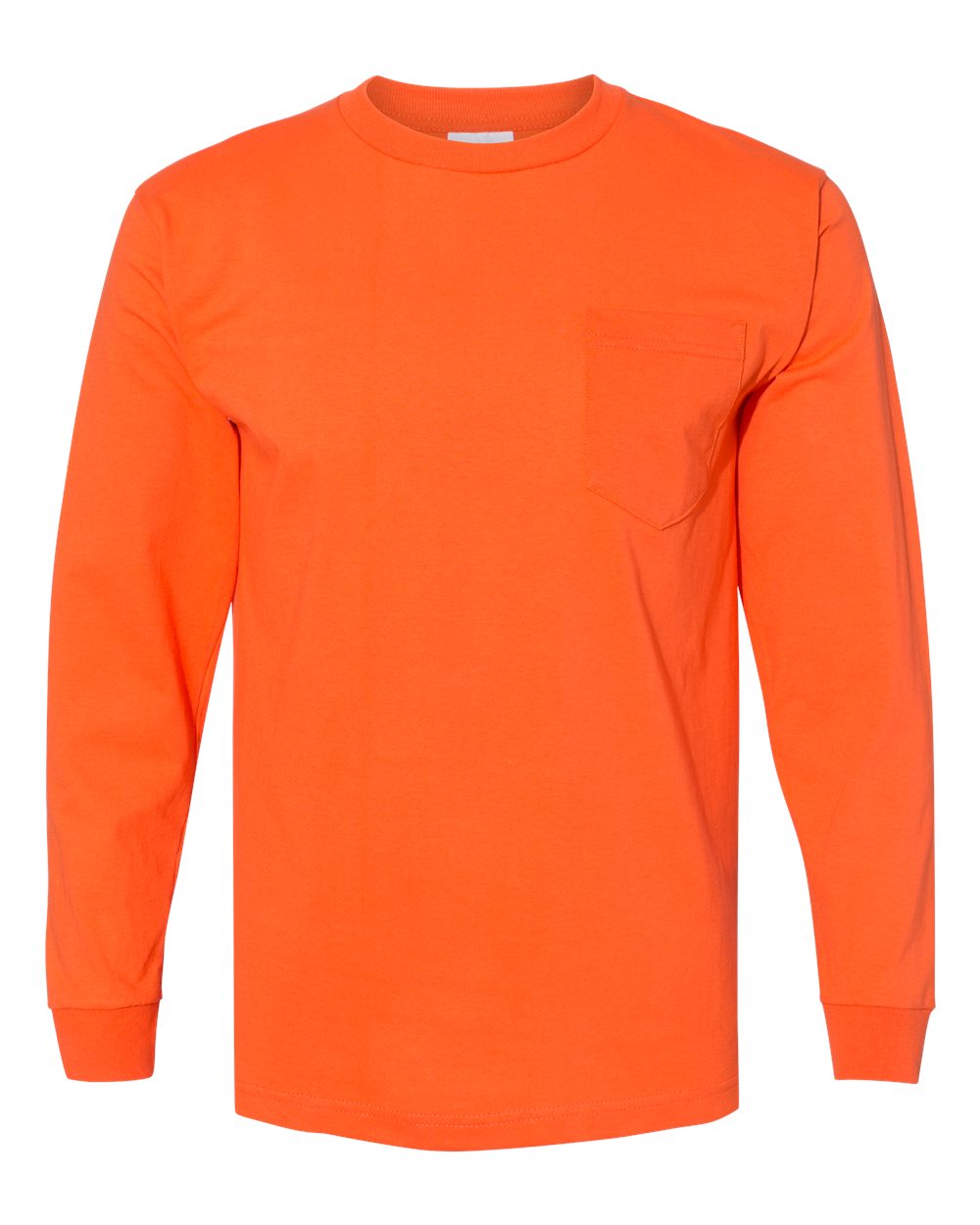 Front View of Orange USA-Made Long Sleeve Pocket T-Shirt - 8100