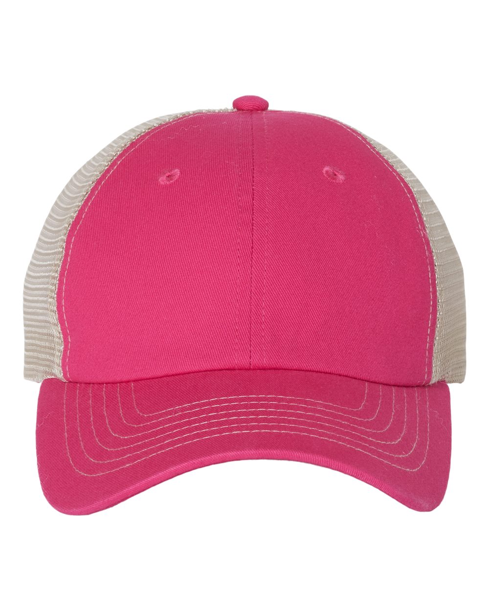 Front View of Pink/ Stone Contrast-Stitch Mesh-Back Cap - 3100