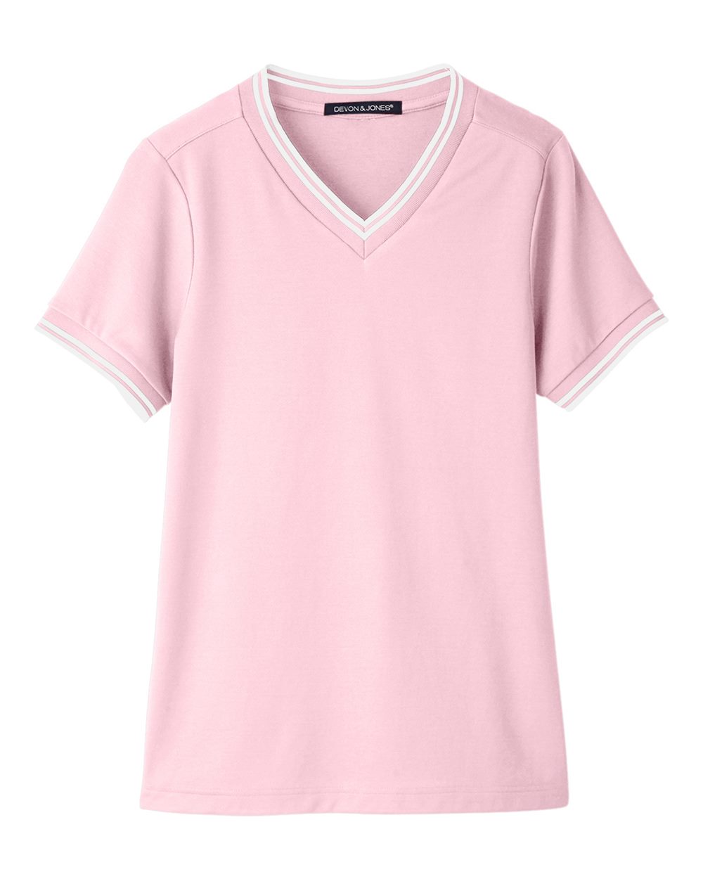 Front View of Pink/ White Women's CrownLux Performance® Plaited Tipped V-Neck Shirt - DG20CW