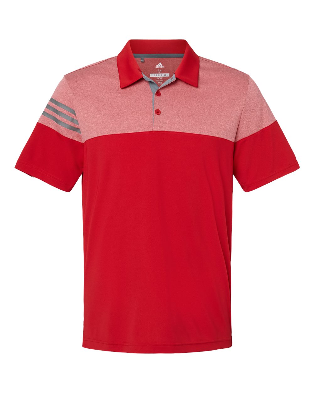 Front View of Power Red Heathered 3-Stripes Colorblocked Polo - A213