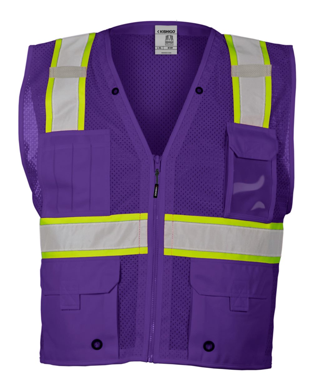 Front View of Purple/ Lime - B109 EV Series® Enhanced Visibility Multi-Pocket Mesh Vest - B100-111