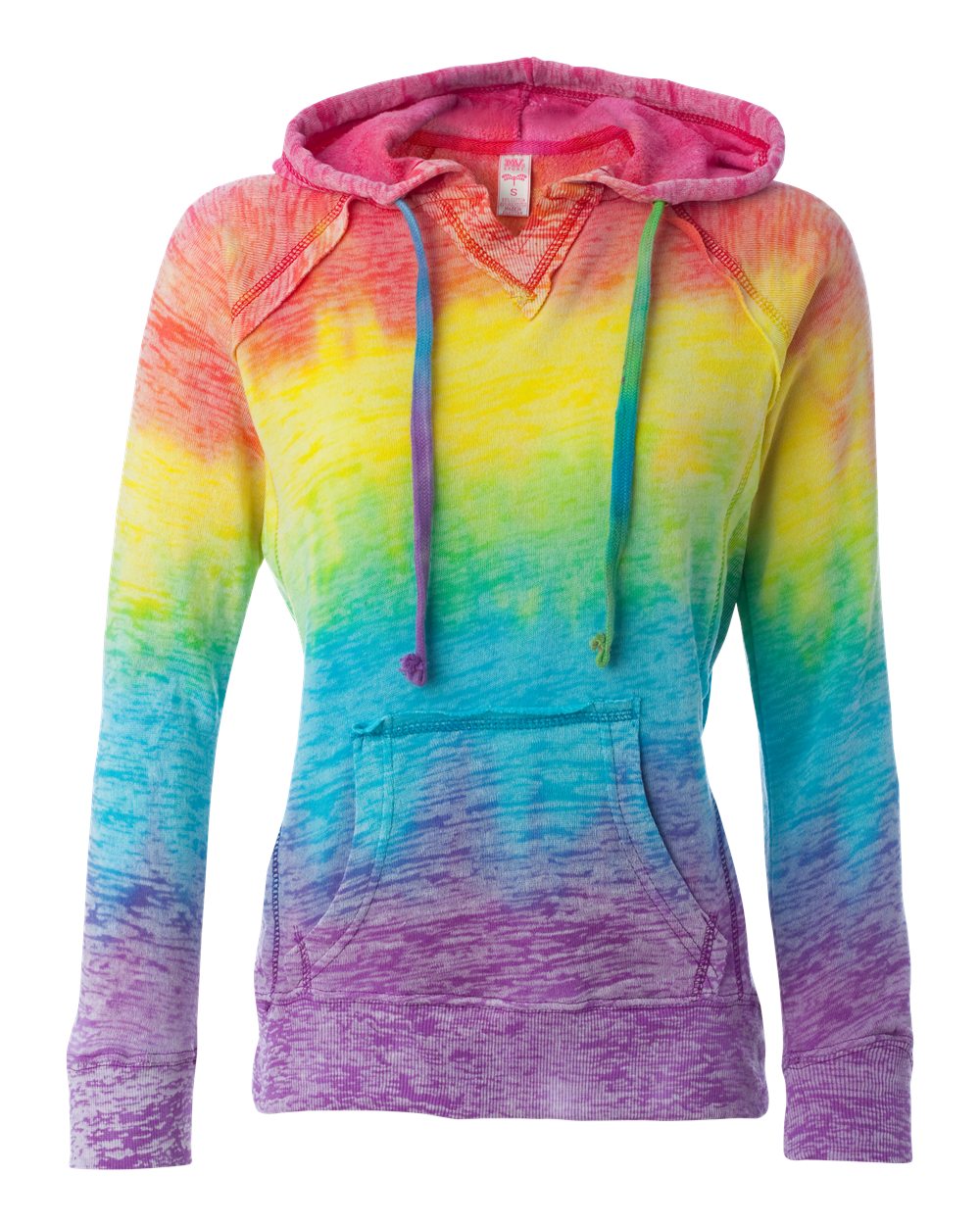 Front View of Rainbow Stripe Women’s Courtney Burnout V-Notch Hooded Sweatshirt - W1162