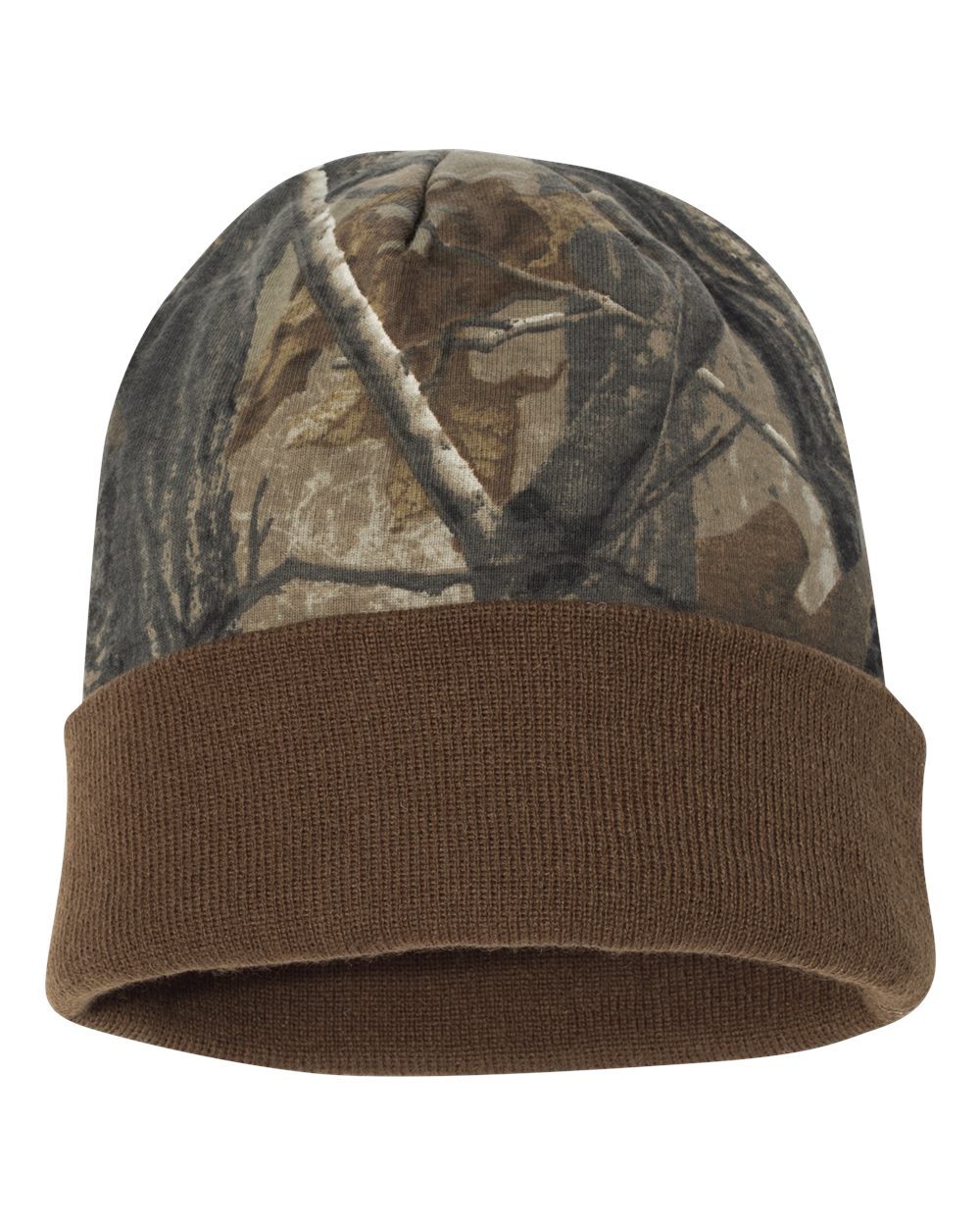 Front View of Realtree AP/ Brown 12" Licensed Camo Cuffed Beanie - LCB12