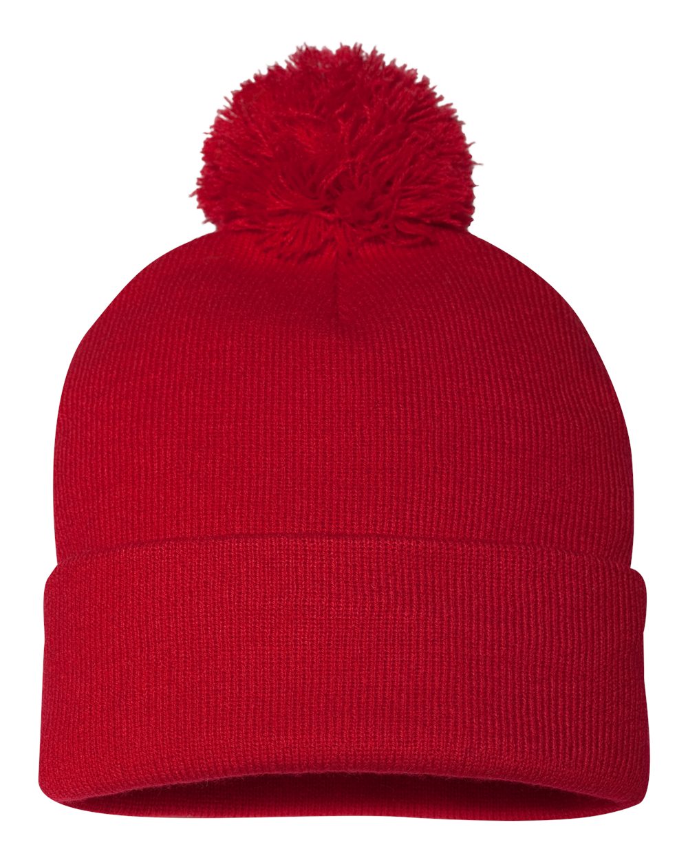 Front View of Red 12" Pom-Pom Cuffed Beanie - SP15