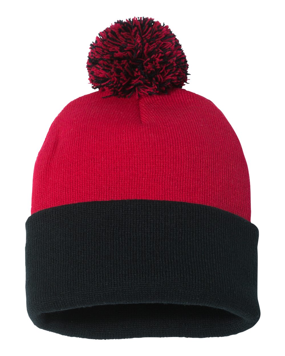 Front View of Red/ Black 12" Pom-Pom Cuffed Beanie - SP15