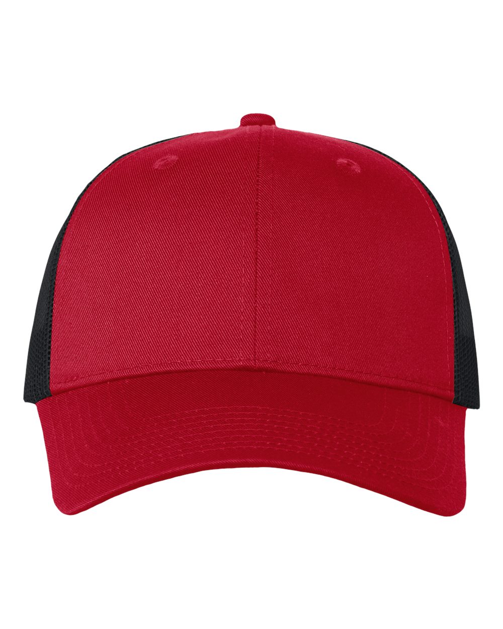 Front View of Red/ Black Mesh-Back Twill Trucker Cap - VC400