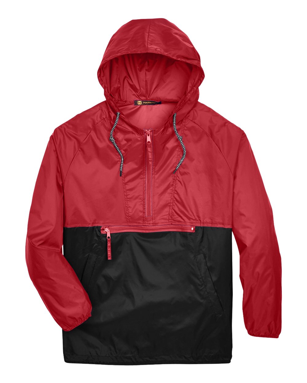 Front View of Red/ Black Unisex Packable Hooded Nylon Jacket - M750