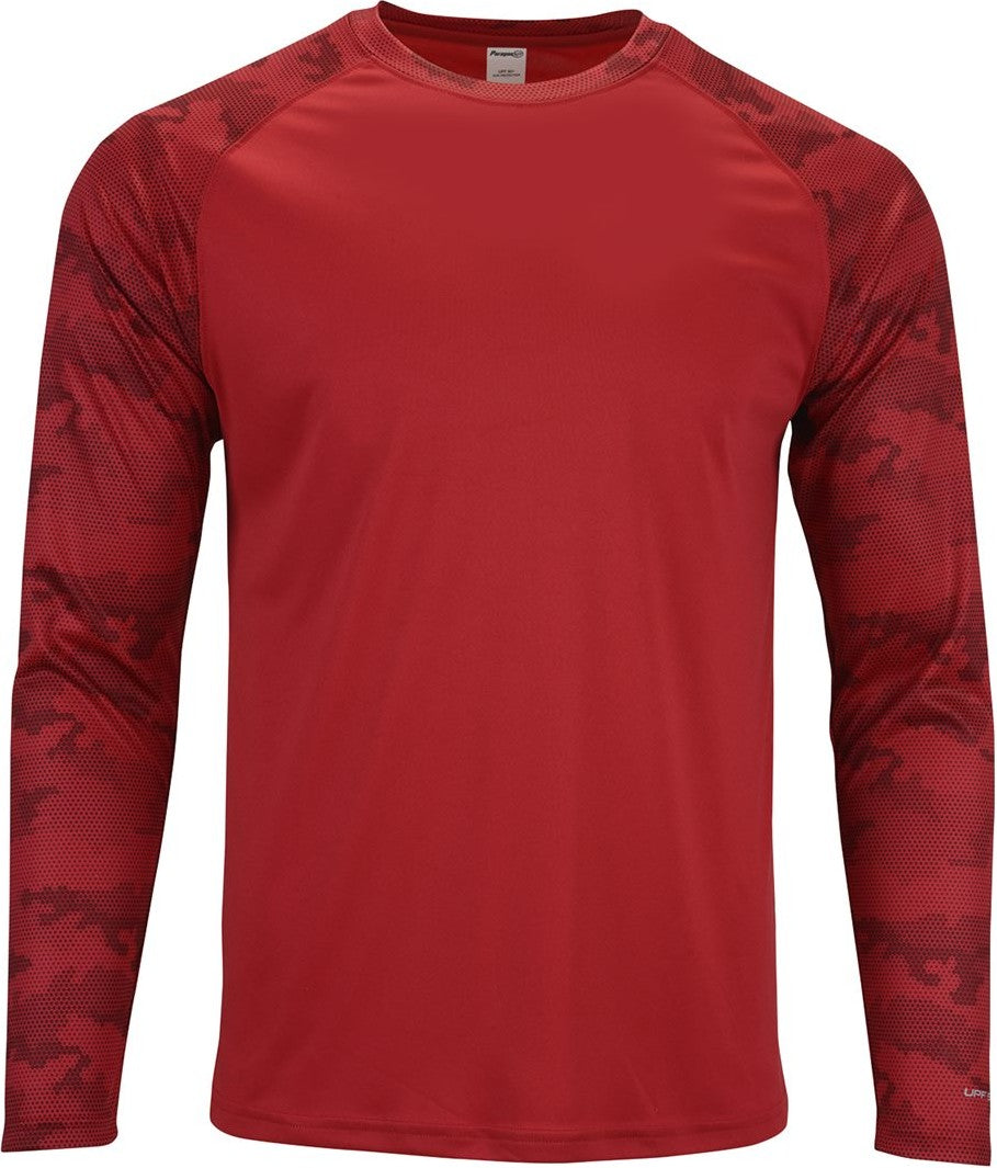 Front View of Red Cayman Performance Camo Colorblocked Long Sleeve T-Shirt - 216